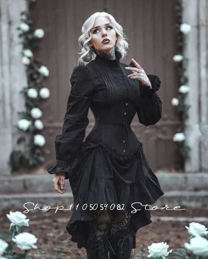 Gothic Victorian Prom Dress Black Lace Long Sleeve High Neck Ruffle Hi-Lo Evening Gown Dark Witch Cosplay Costume Customized