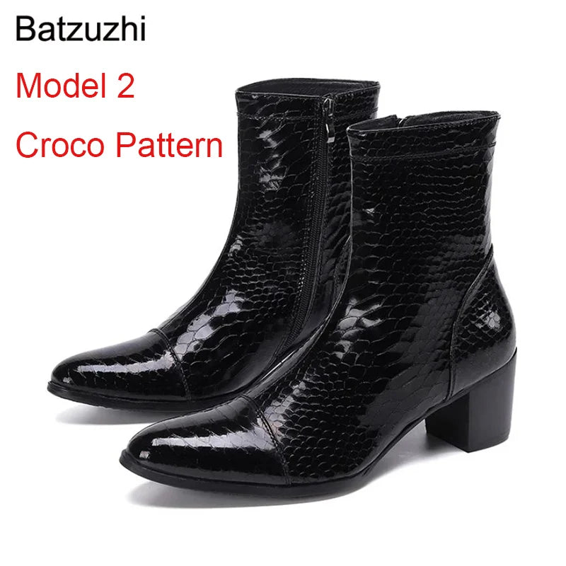 Batzuzhi Handsome Men Boots 7cm High Heels Genuine Boots Men Black Ankle Knight Botas Hombre for Men Party/Wedding, EU38-46!