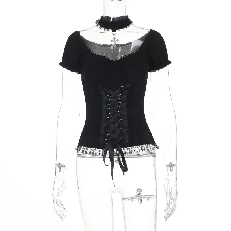 Gothic Puff Short Sleeve Corset Top Women Square Neck Lace Trim Bandage Waist Cincher Shirt Dark Punk Vintage Lolita Blouse