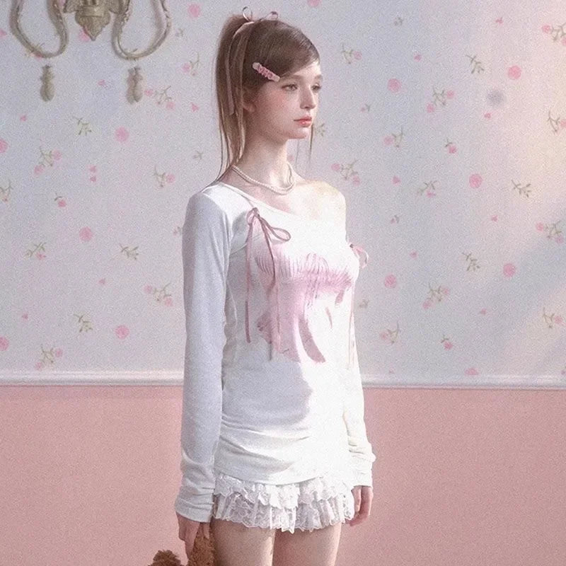 Y2k Fairycore T Shirt Women Long Sleeve Off Shoulder Print Graphic Tops Streetwear 2000s Japanese Tee Tops Korean