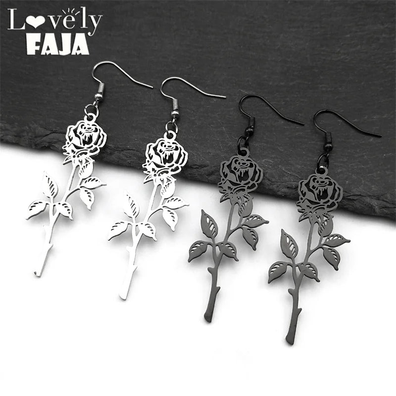 Gothic Rose Flower Long Hoop Earrings For Women Men Stainless Steel Black Silver Color Plant Earring Couple Jewelry Gift