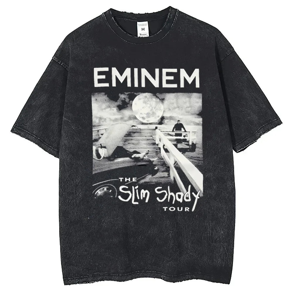 90s Rapper Eminem World Tour Music Washed T-shirt Unisex Gothic Streetwear Graphic T Shirts Men's Cool Hip Hop Vintage