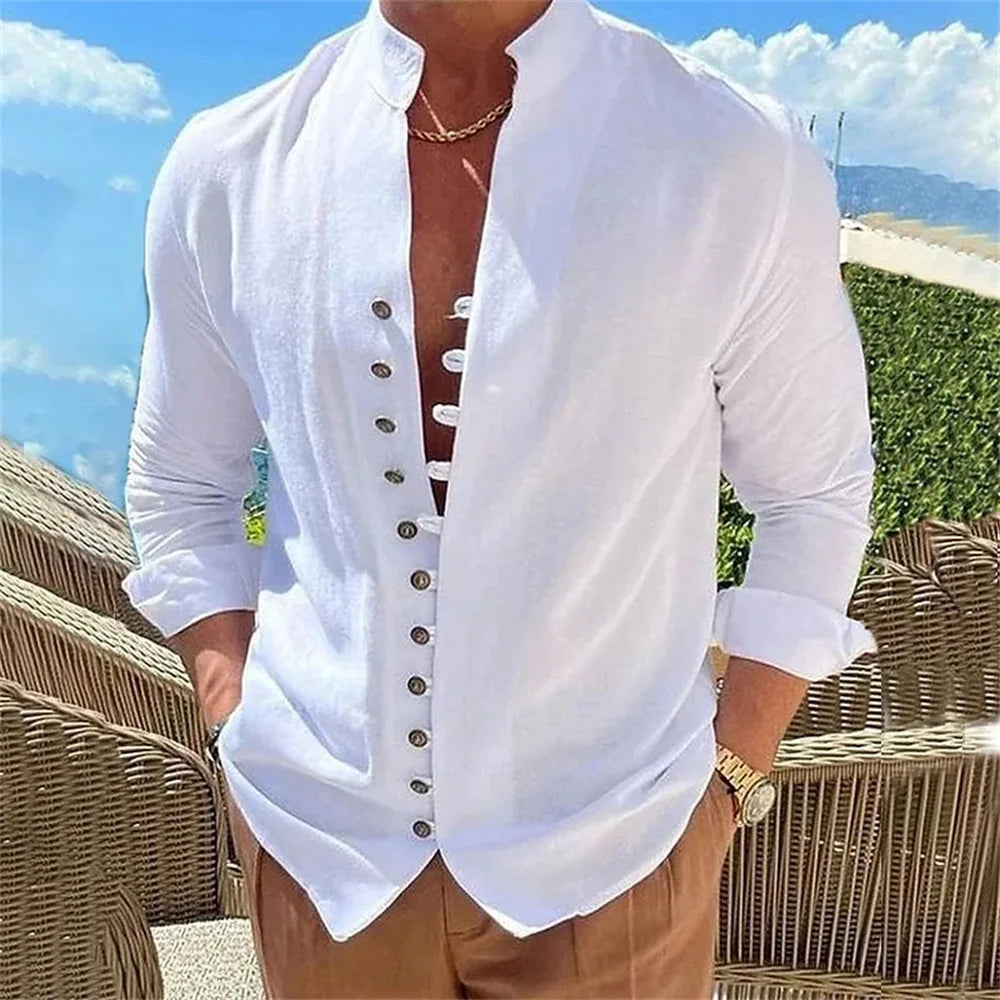 Spring and Autumn Cotton Linen Shirt Men Hot Sale Men's Long-Sleeved Shirts Solid Color Button Up Casual Style Plus Size