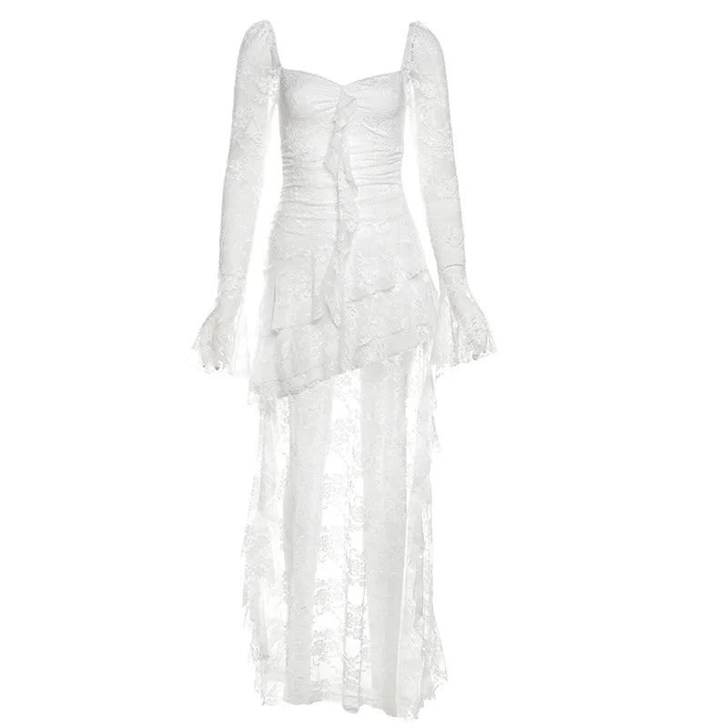halloween gothic Fairycore Dress Women Vintage Aesthetic Elegant Sweet Sexy See Through Irregular Hem High Waist Corset Dress