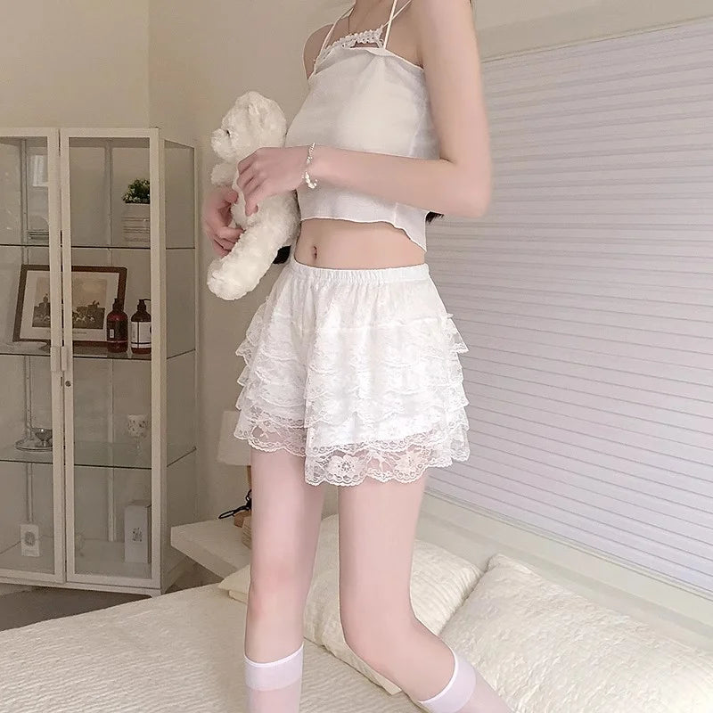 Women Lace Bloomers Shorts Lolita Ruffle Safety Pants High Waist Layered Petticoat Underpants Sweet Princess Summer Loose Fit