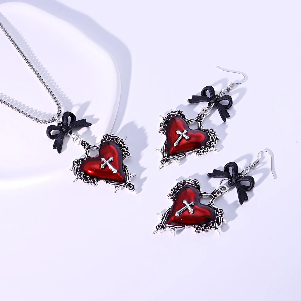 Gothic Cross Heart Necklace For Women Fashion Pagan Witchcraft Jewelry Accessories Gift Bow Bramble Rose Heart Pendant Choker