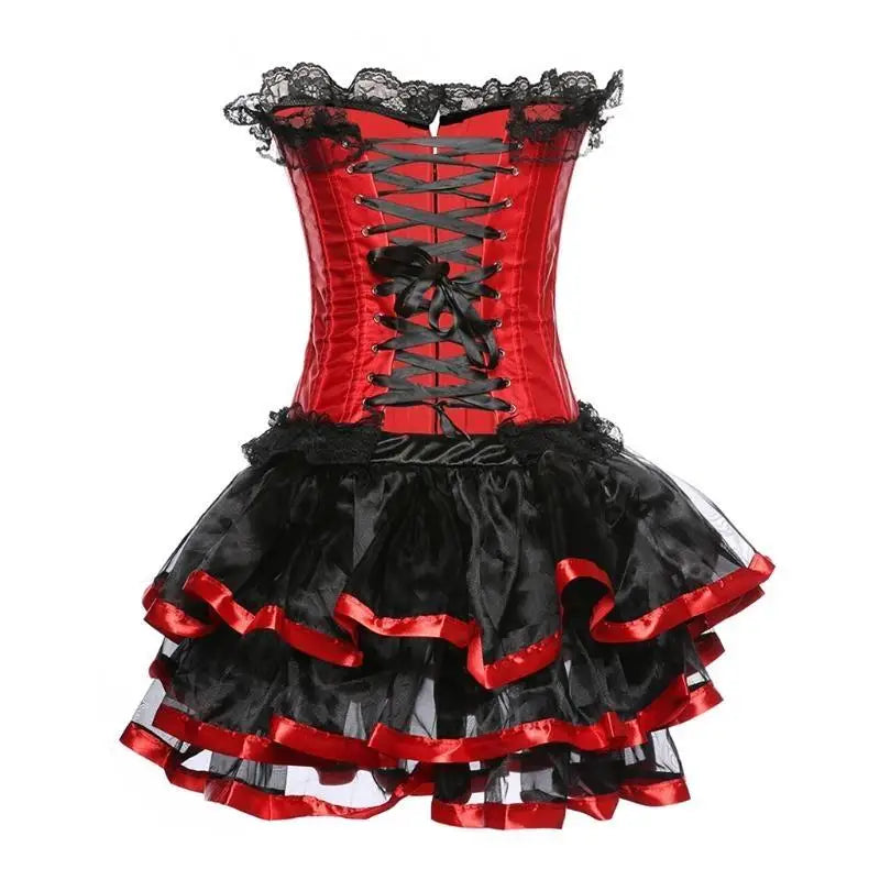 39BD Victorian Corset Dress Women Gothic Lace Trim Overbust Bustier with Mini Tutu Skirt and Panty Lace-Up Burlesque Gowns