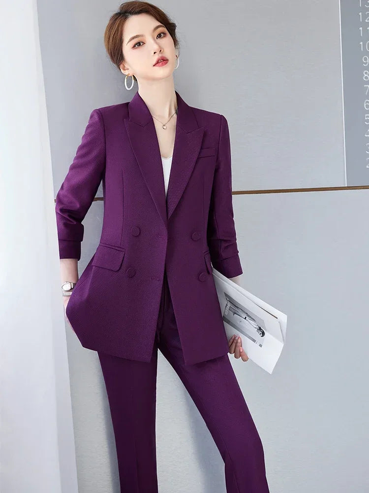 Ladies Business 2 Piece Blazer Set Female Long Sleeve Jacket + Trouser Women Pant Suit Blue Purple Black Office Work Wear 5XL
