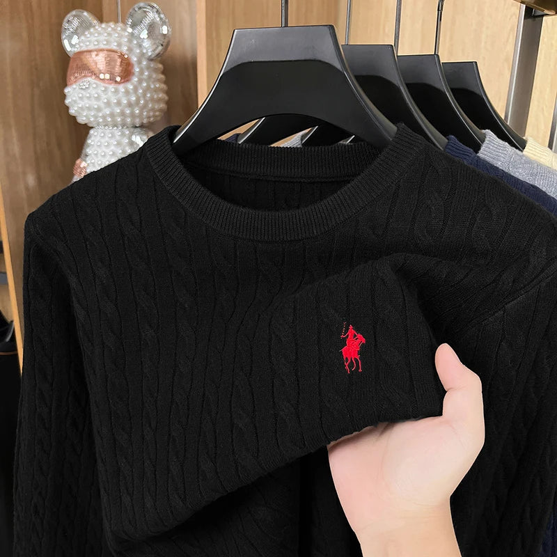 High Quality Men New Long-Sleeved Knitwear Round Neck Jacquard Solid Color Pony Embroidery Classic Fashion Hot-Selling Men'swear