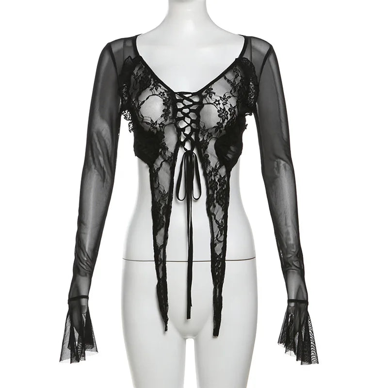 Goth Dark E-girl Fashion Mesh See Through Crop Tops Mall Gothic Sexy Long Sleeve Bandage Blouse Cyber Y2k T-shirts Alt Teachwear