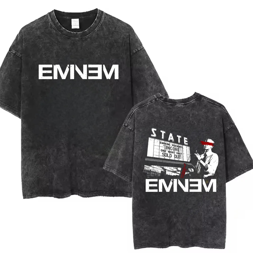 90s Rapper Eminem World Tour Music Washed T-shirt Unisex Gothic Streetwear Graphic T Shirts Men's Cool Hip Hop Vintage