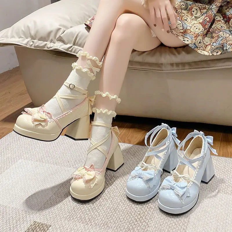 Lovely Girls Mary Jane Shoes Women High Heels Pumps Chunky Bowknots Sandals Summer PU Leather Retro Party Platform Footwears