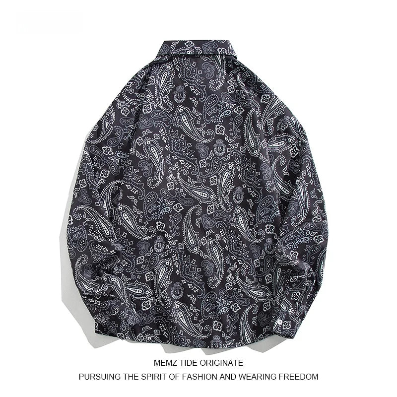Memz High Street Long Sleeve Loose Fit Men's Shirt Hong Kong Style Square Collar Versatile Fashionable Printed Texture Design