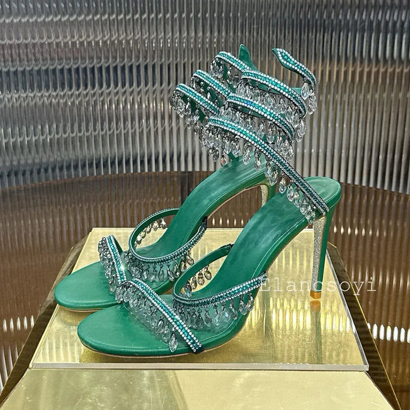 High Heels Sandals Women Shiny Crystal Pendant Ankle Snake Twine Around Prom Shoes Summer Fashion Stiletto Bohemian Sandalias