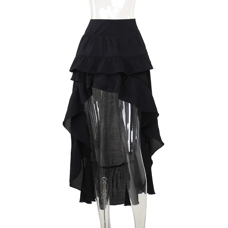 Goth Dark Kawaii Black Tiered Skirts 90S Retro Irregular Hem Party Bottoms Mall Gothic Women Fashion Dragging Skirt Alt Clothing