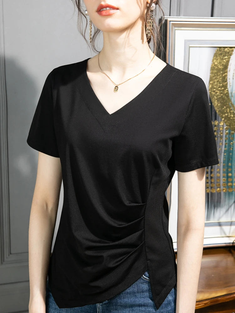 Y2k T Shirt Women 2024 Summer Clothes Top Women Stylish White Woman Blouse Plus Size V-neck Cotton T-shirt S-3xl 4xl