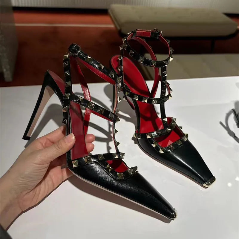 Summer Fashion Square toe Rivet Women Pumps Sexy Narrow Band Mary Janes Slingbacks High heels Chic Party Dress Sandals Shoes