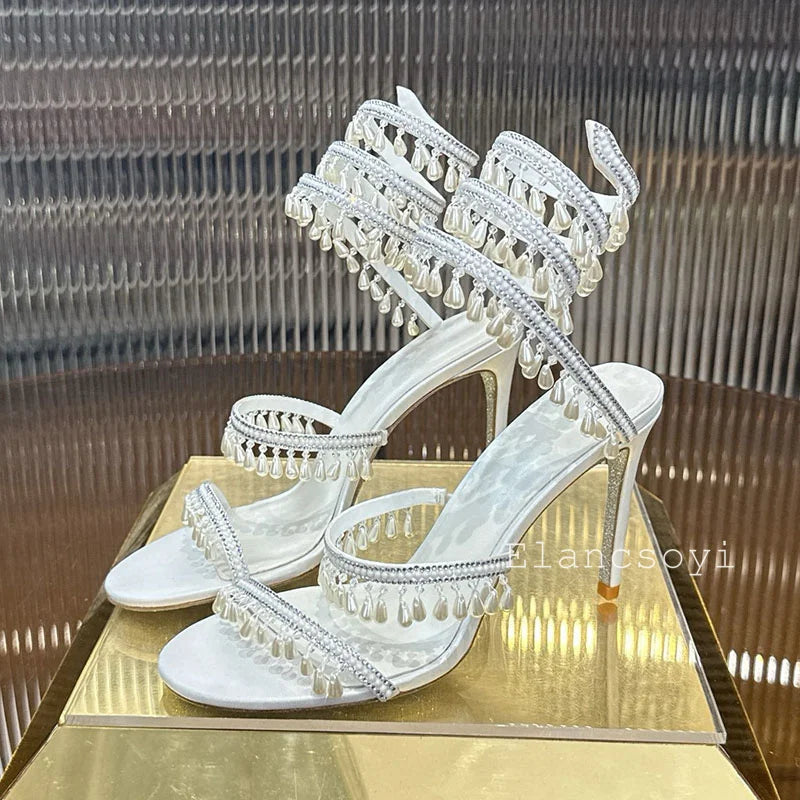 High Heels Sandals Women Shiny Crystal Pendant Ankle Snake Twine Around Prom Shoes Summer Fashion Stiletto Bohemian Sandalias