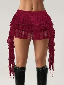 Y2K Mini Skirt Multi-Layer Lace Tiered Micro-Skirt Gothic Japanese Schoolgirl Lolita Side-Tie Ruffled Low-Waisted Girly Skirt