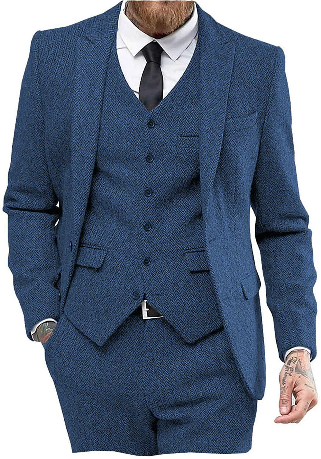 Retro Herringbone Suit for Men Stylish Vintage Tuxedo Set 3 Pieces Blazer Vest and Pant Set for Wedding Business Evening Party