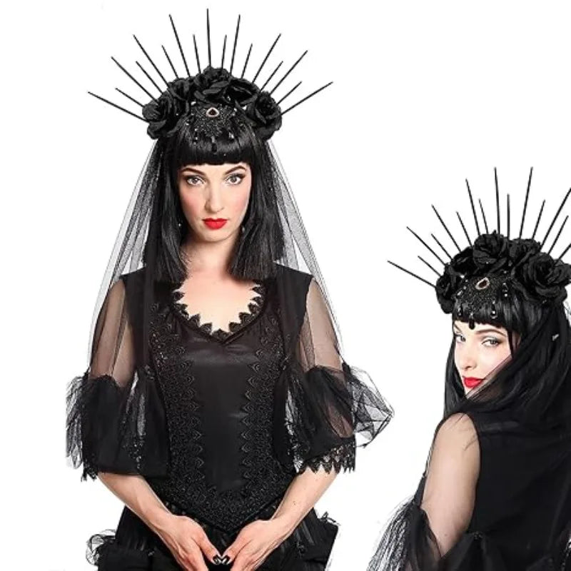 Gothic halo crown, flower headband, black veil. Sunburst Spike crown accessory for ladies Halloween costume hair accessory