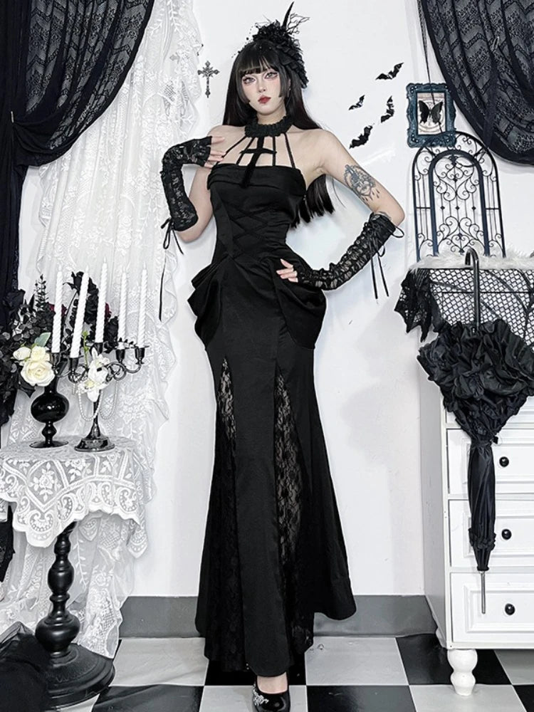 AltGoth Aesthetic Gothic Party Dress Women Fairycore Grunge Sexy Elegant Sweet Lace Patchwork Halter Bandage Corset Dress Female