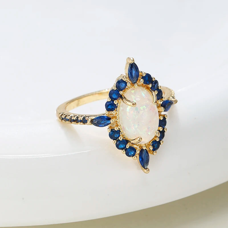Luxury Oval Fire Opal Ring with Blue Zircon Silver Color Vintage Engagement Wedding Promise Ring for Women Fine Jewelry Gift