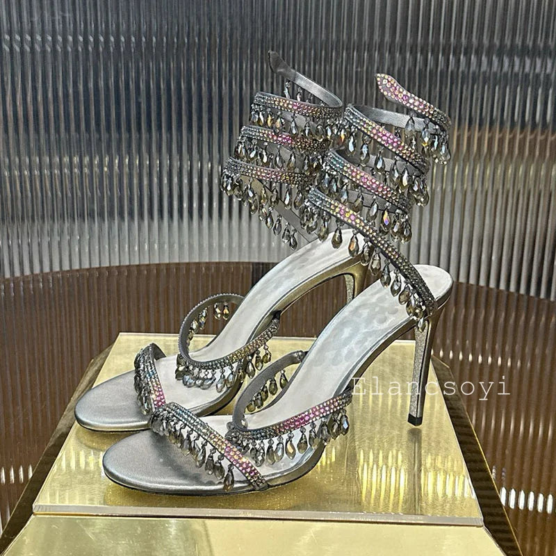High Heels Sandals Women Shiny Crystal Pendant Ankle Snake Twine Around Prom Shoes Summer Fashion Stiletto Bohemian Sandalias