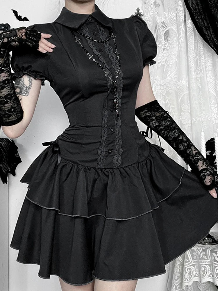 AltGoth Gothic Dark Vintage Dress Women Aesthetic Streetwear Harajuku Grunge Lace Patchwork High Waist Bow Party Dress Female