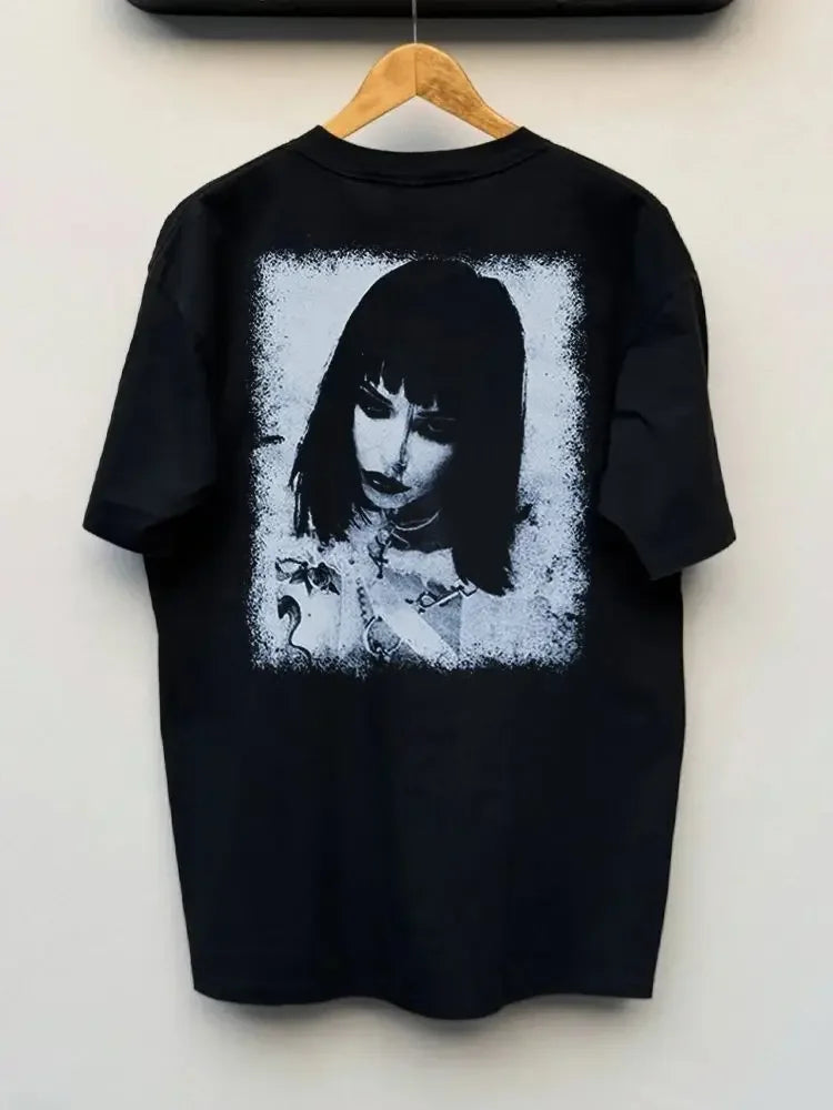 Y2K Punk Dark Streetwear Portrait Graphic T-Shirt Men Women Urban Style Polyester Short Sleeve Fashion Casual Tops