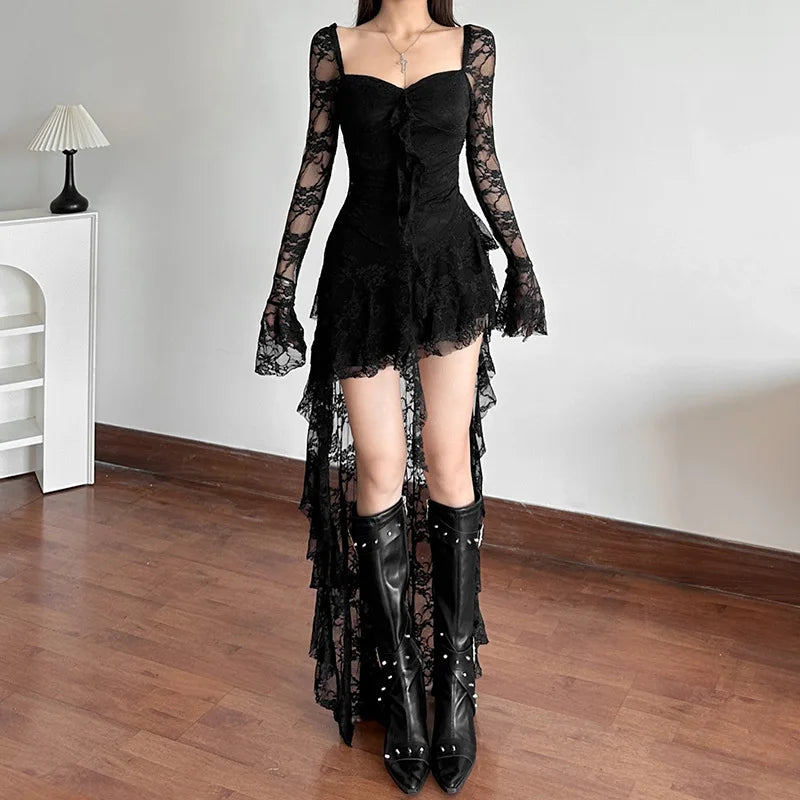 halloween gothic Fairycore Dress Women Vintage Aesthetic Elegant Sweet Sexy See Through Irregular Hem High Waist Corset Dress