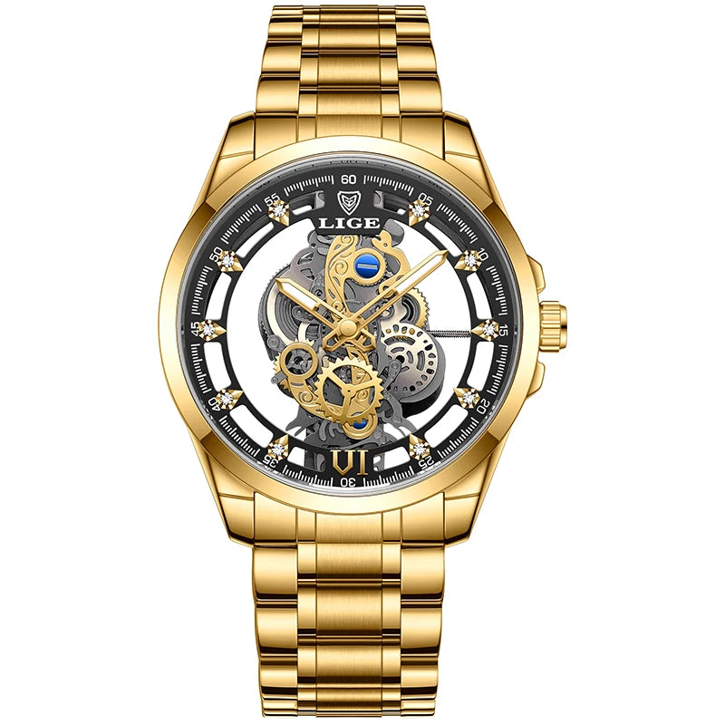 2026 LIGE Men Watch Skeleton Automatic Quartz Watch Gold Skeleton Vintage Man Watch Mens Watches Top Brand Luxury часы мужские