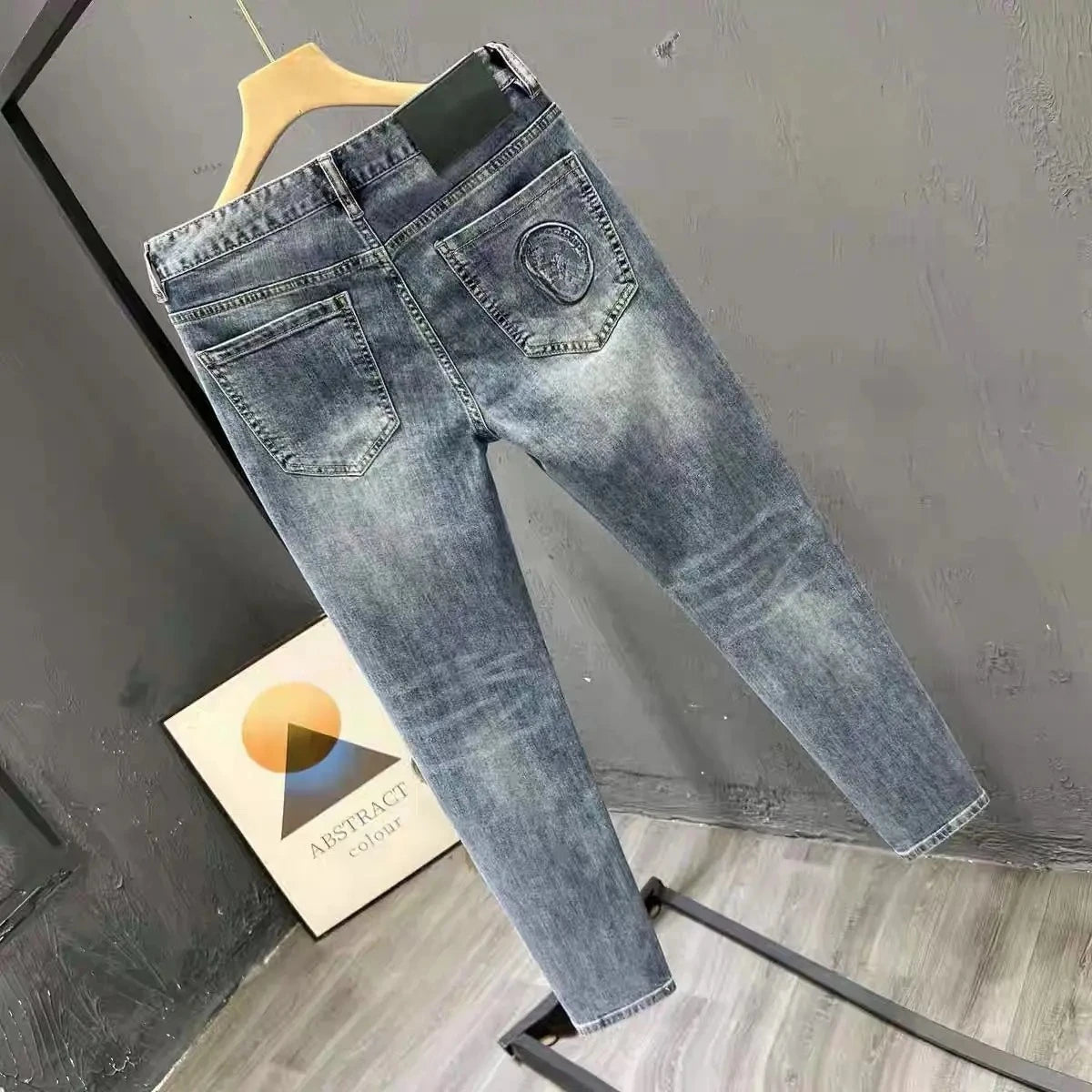 Korean Climate Lot Pants Light Luxury Trendy Brand Embossed Blue Jeans Men's  Handsome Slim-fit Small Feet Elastic Trousers New