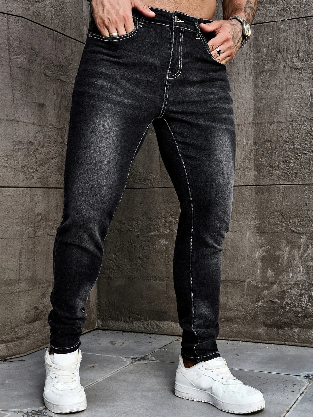 Men Jeans Denim Pants Clothing Trousers Men's Casual Black Washed Slim Fit Stretch Skinny Denim Pants