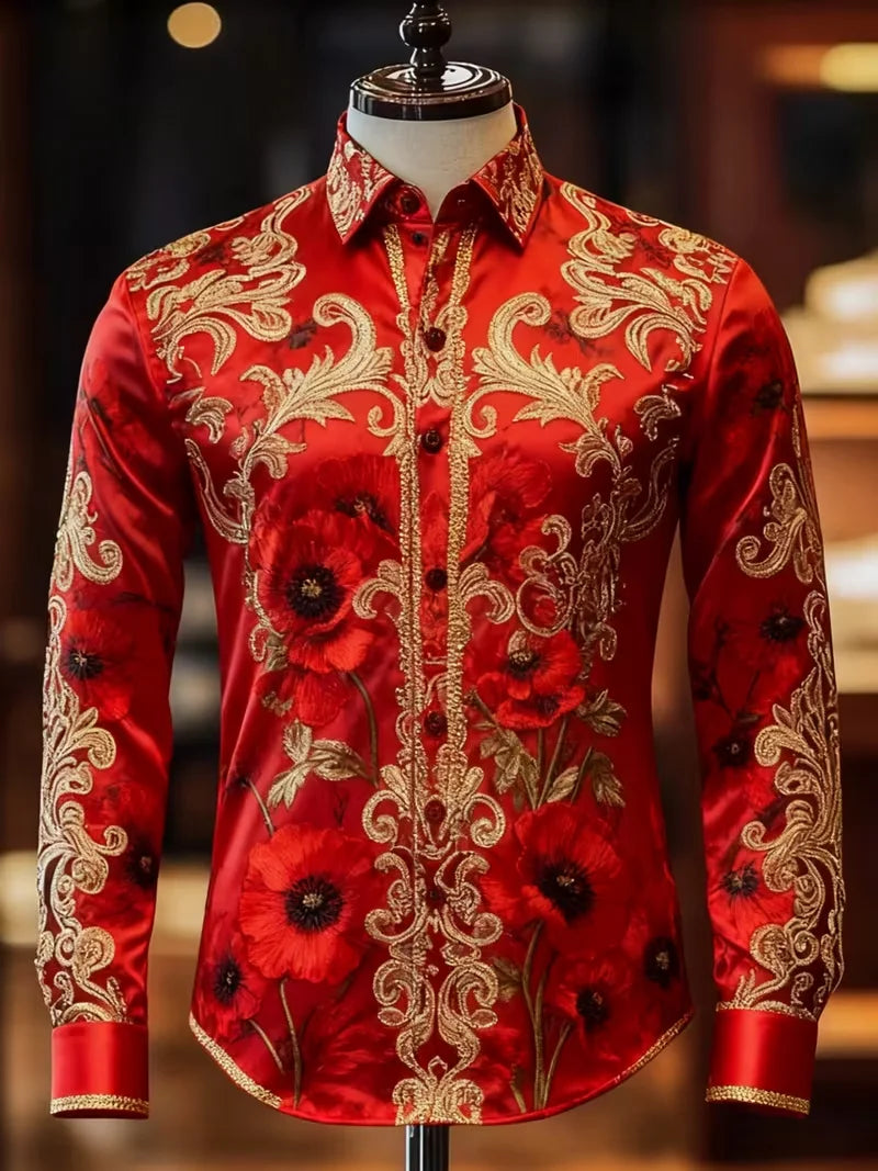 New Men's White Rose Pattern 3D Printed Shirt, High-Quality Casual and Fashionable Long Sleeved Shirt, Lapel Top