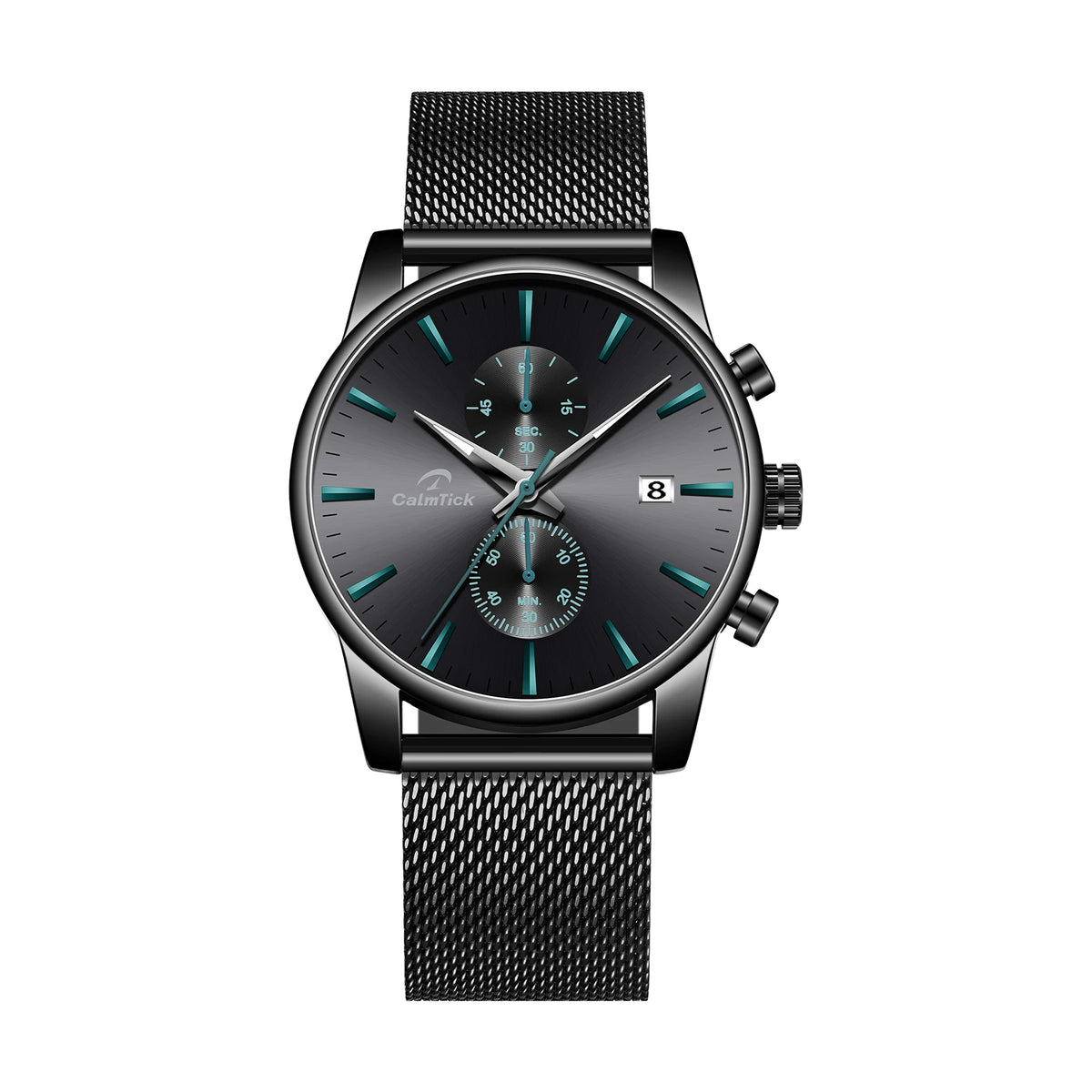 CalmTick Fashion Business Pointer Quartz Watch with Stopwatch Luminous Waterproof Metal Strap