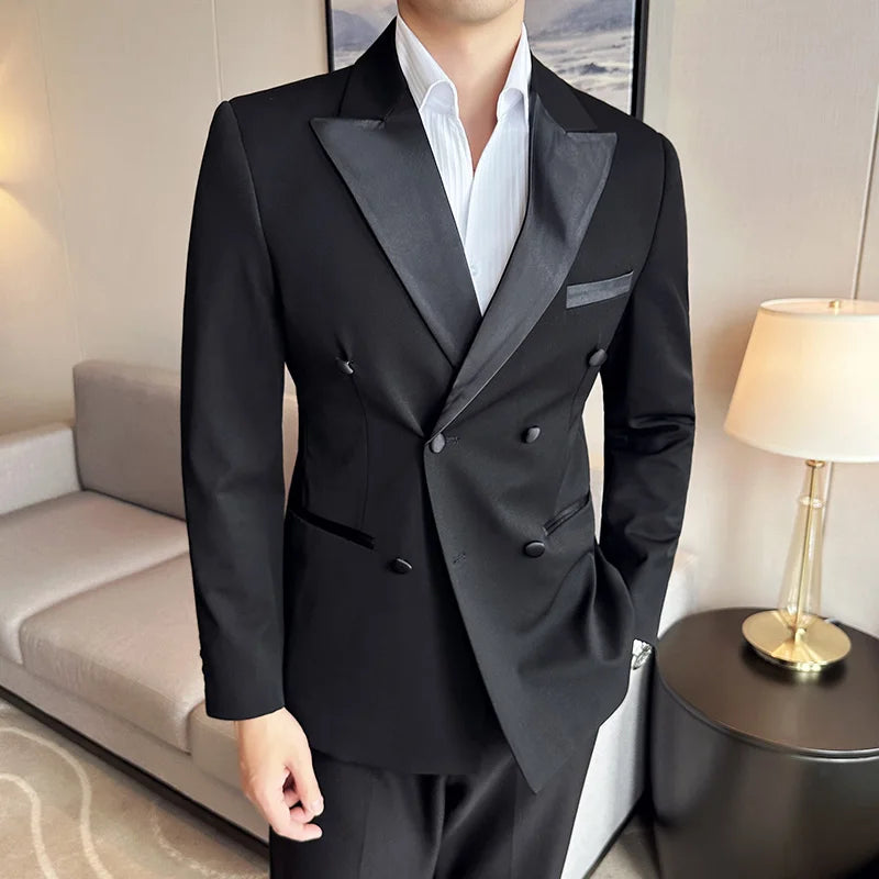 ( Blazer + Pants ) High-end Brand Formal Business Plaid Mens Suit Groom Wedding Dress Solid Color Stage Performance Tuxedo S-7XL