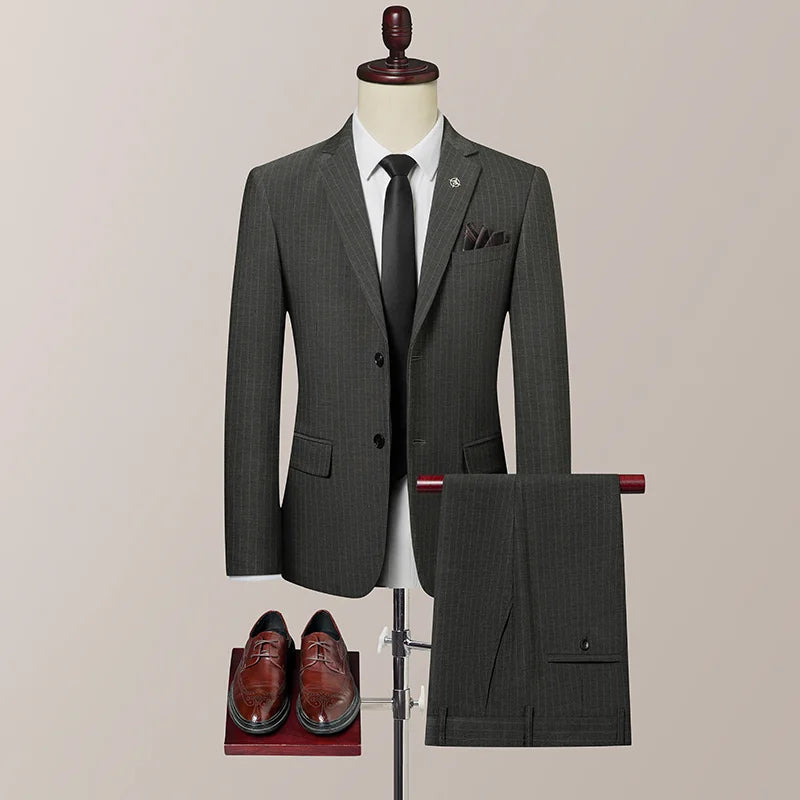 2026 New Men's Striped Suit (Suit + Trousers) Stylish and Handsome British Style Wedding Handsome Two-Piece Set