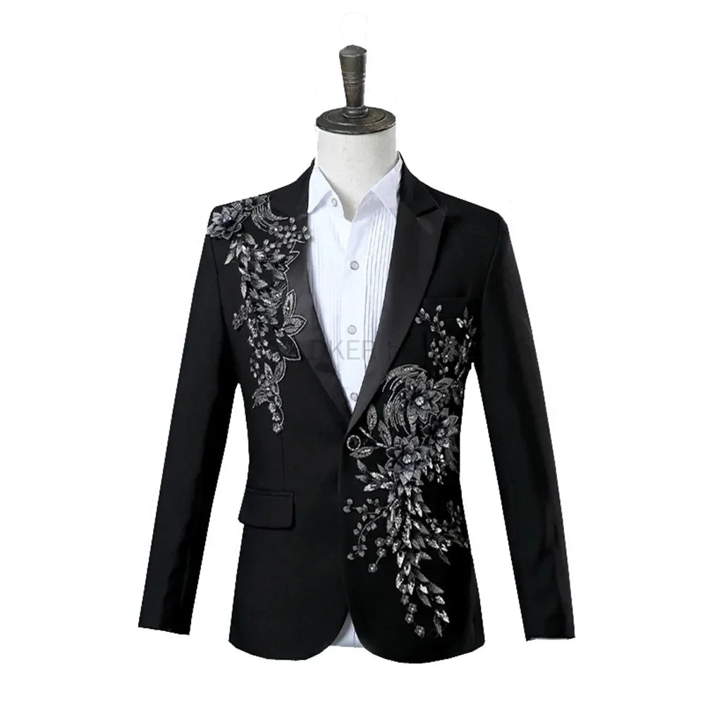 Men’s Black Suit with Silver Floral Embroidery | 2-Piece