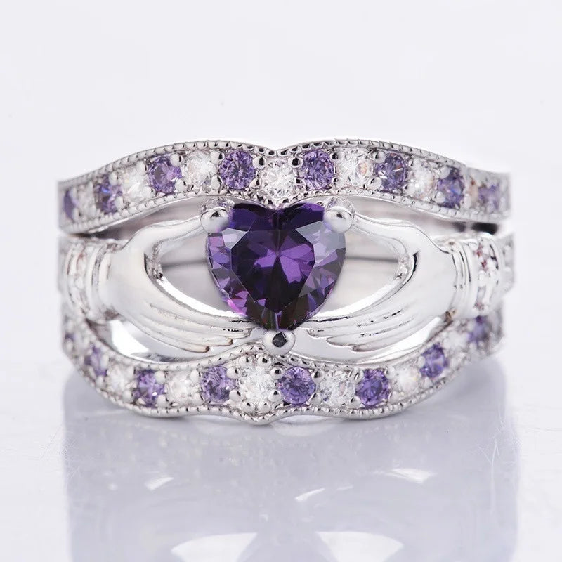 3Pcs Claddagh Heart Amethyst Wedding Ring Set 925 Sterling Silver Fashion Jewelry Size5-12