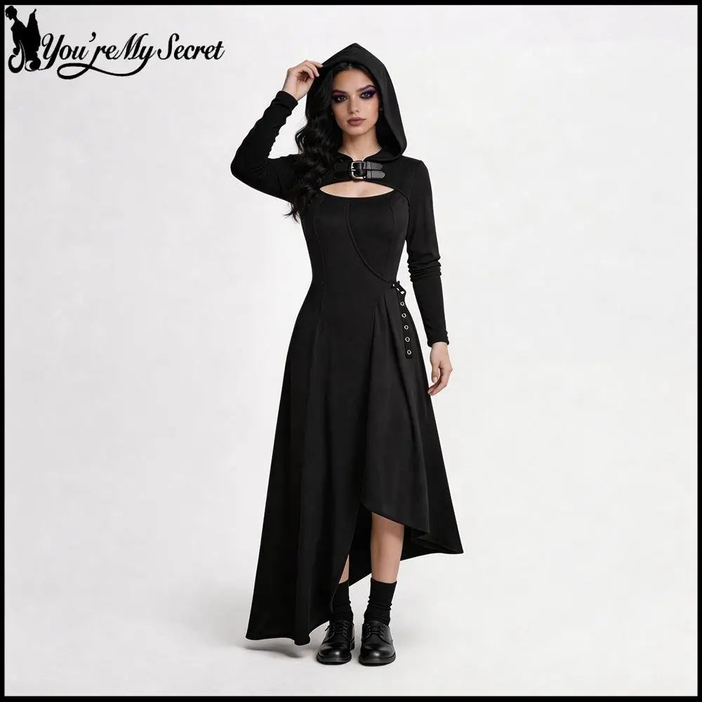 Gothic Hoode Long Dress Women Witch Corset Asymmetrical Hem Dress Punk Style Leather collar Gown Halloween Qeen Stage Costumes
