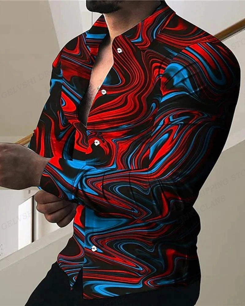 Fashion Multi-color novelty pattern 3D Print Mens Long Sleeve Shirt Tops Autumn Button Down Casual Shirt Lapel Mens Clothing