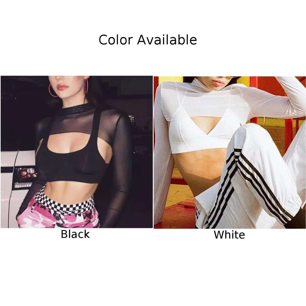 Y2k Sexy See Through Punk T-shirt Super Crop Top Women Turtleneck Long Sleeve Gothic Egirl Cut Out Fashion T Shirts Tees Clothes
