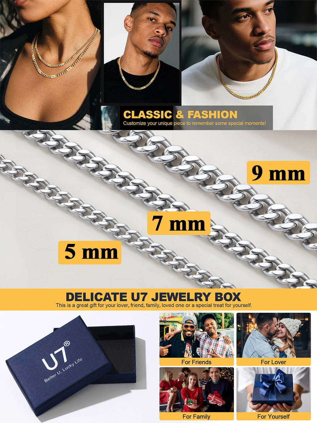 U7 Custom 1-6 Names Cuban Chains Necklaces 5mm/7mm/9mm Chain Black Deep Engrave Family Members Names Fathers Day Jewelry Gift