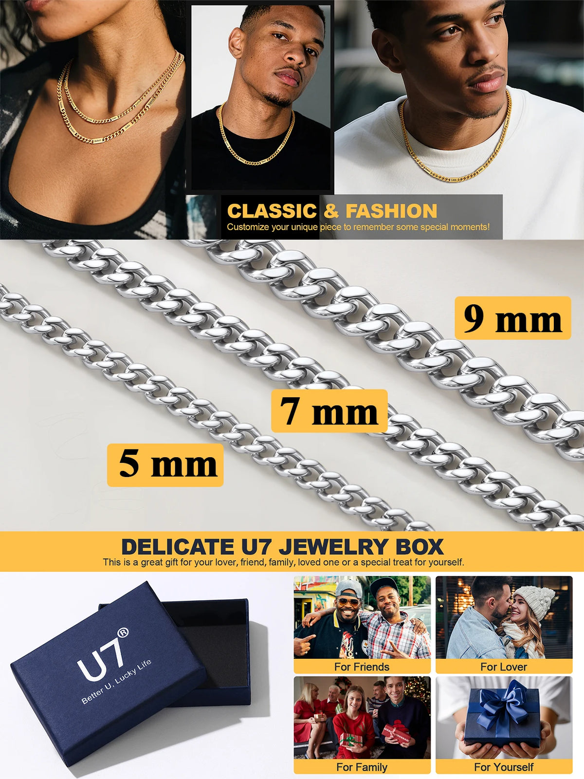 U7 Custom 1-6 Names Cuban Chains Necklaces 5mm/7mm/9mm Chain Black Deep Engrave Family Members Names Fathers Day Jewelry Gift
