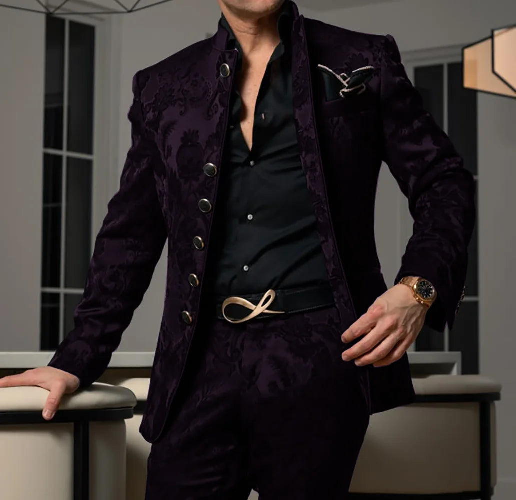 Patterned Black Men's Suit 2-piece Jacket Pants Wedding Groom Tuxedo Stand Collar Blazer Classic Jacquard Outfit