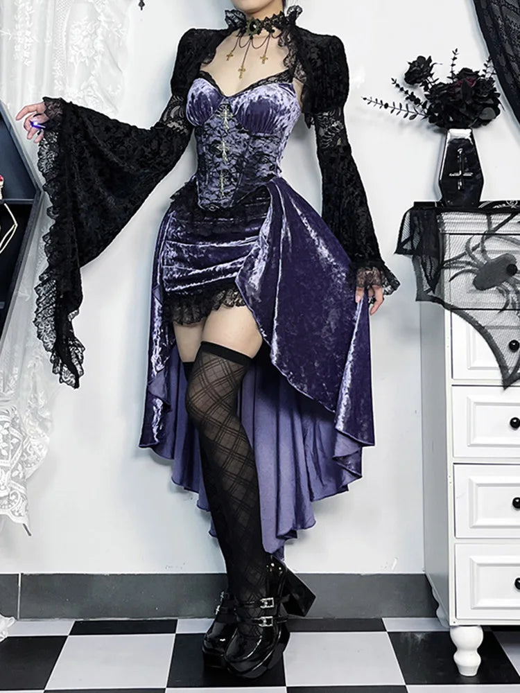 AltGoth Purple Lace-Detail Mini Dress