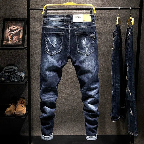 American Elastic Straight Jeans Men Ripped Worn-out Slim-fit Cotton Denim Pants Korean Style Fashion Trousers Men's Clothing