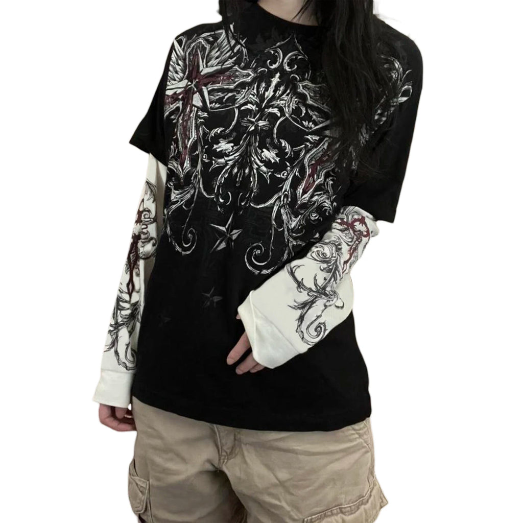 Mall Goth Y2K Aesthetics Grunge Tees Retro Heart Sword Print T Shirt Women Long Sleeve Slim Fit Sweats Tops 90s Vintage Clothes