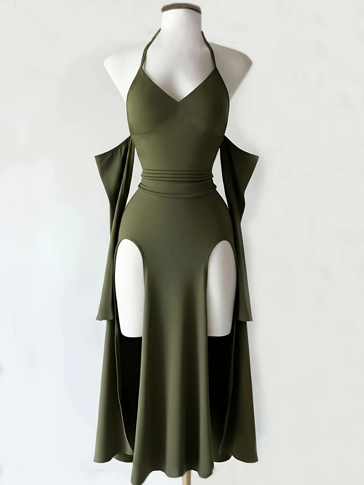 Gothic Halter Off Shoulder Dress For Women High Slit Hollow Out Design Long Gown Unique Stylish Dress For Party And Night Event